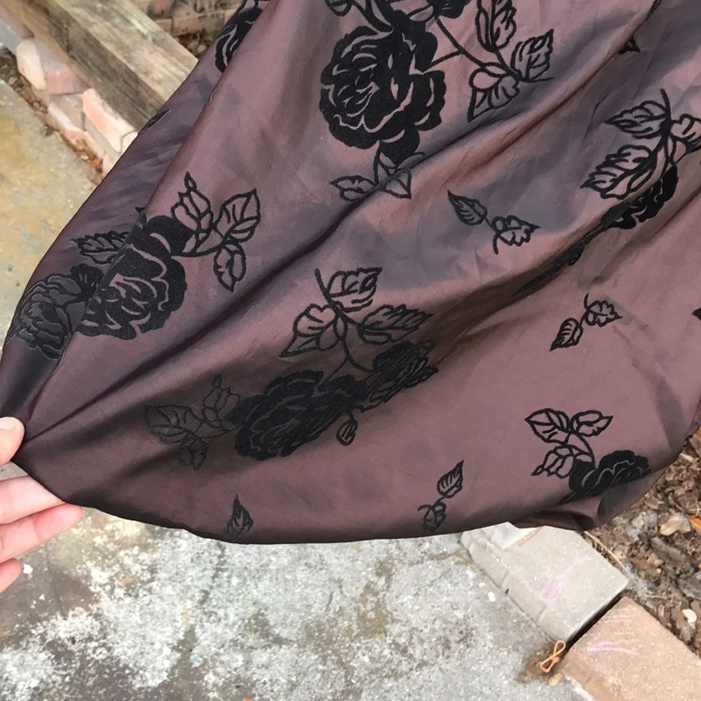 Metallic bronze dark floral bubble skirt with velvet rosette